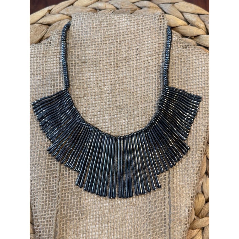 Whimsygoth Gunmetal Tiered Fringe Bib Statement Necklace Adjustable EC Logo